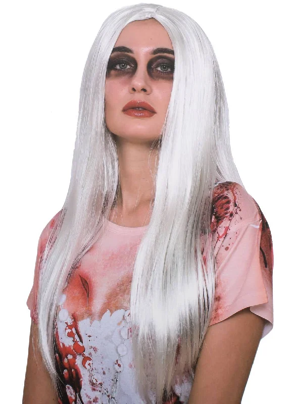 Short blonde wig with tight texture-Long Straight Silver Womens Halloween Costume Wig