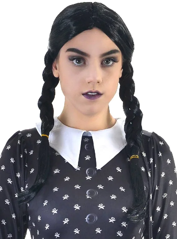 Synthetic wig for mature vibe-Plaited Teen Girls Wednesday Addams Halloween Costume Wig