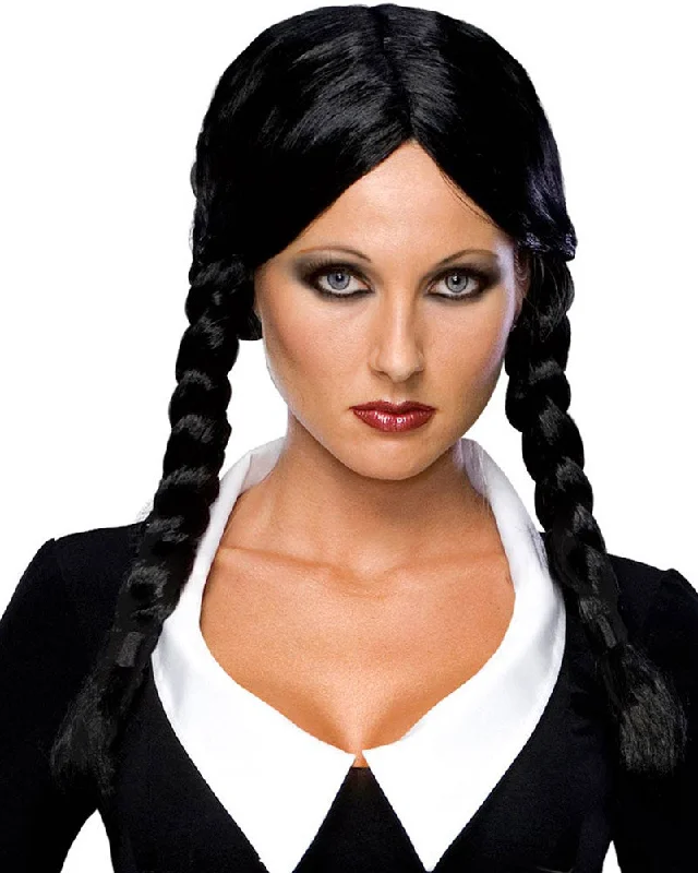 Lace front wig with tight texture-The Addams Family Wednesday Black Plaited Wig