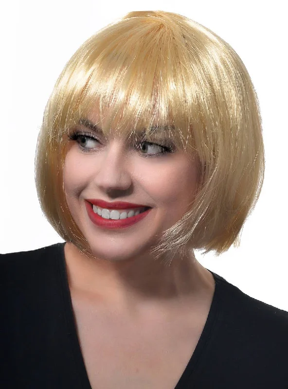 Side part wig with tight curls-Short Womens Blonde Bob Costume Wig with Fringe