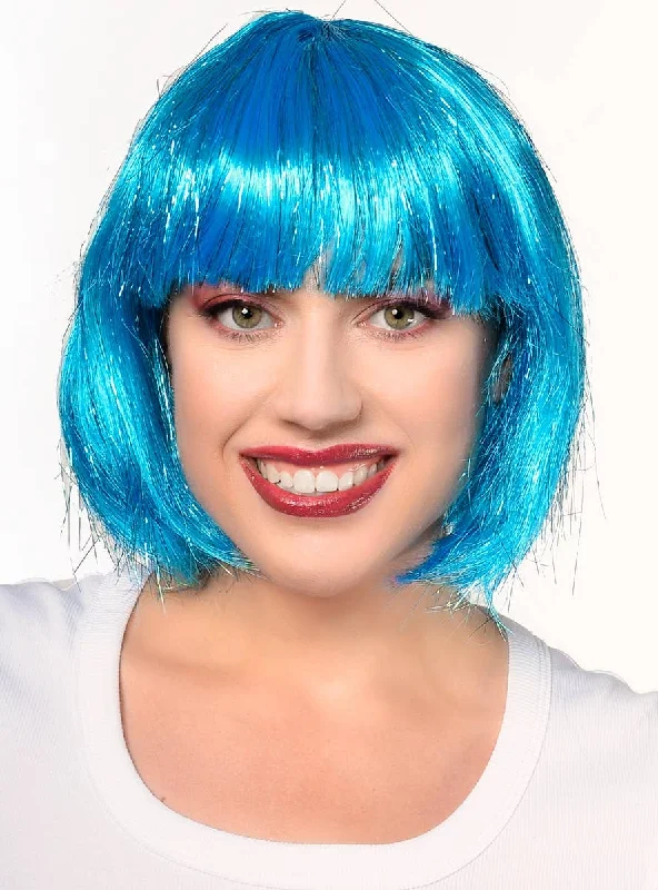 Medium length wig with dramatic shine-Short Blue Bob Womens Costume Wig with Tinsel