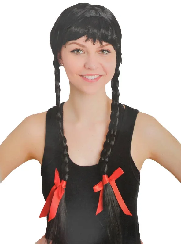 Wig for sporty vibe-Long Black Plaited Womens Costume Wig with Fringe