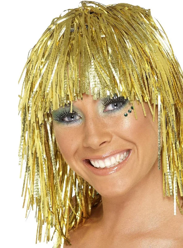 Curly wig for winter vibe-Metallic Gold Tinsel Womens Costume Wig