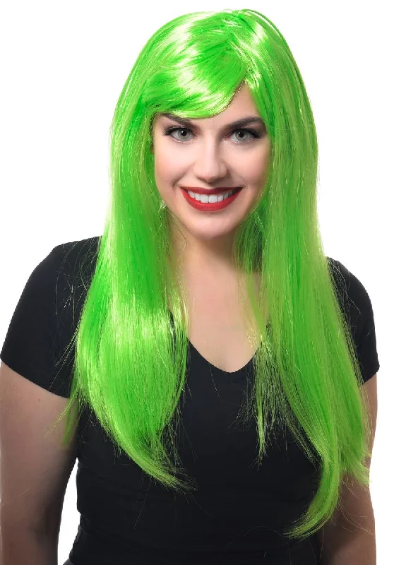 Long wavy wig with tight texture-Long Womens Straight Neon Green Costume Wig with Fringe