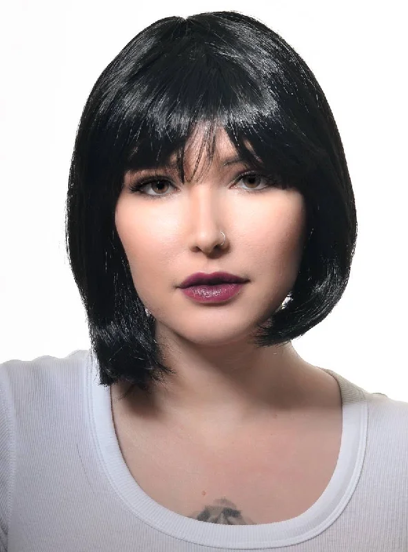 Lace wig refresh liquid-Short Womens Black Bob Costume Wig with Fringe