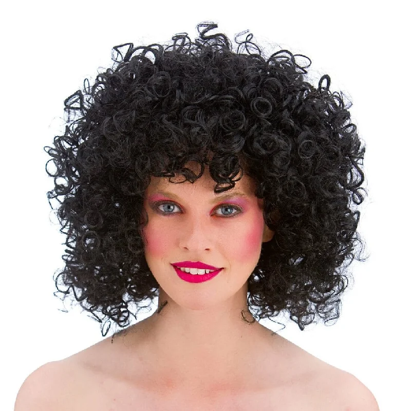 Blonde wig with tight waves-Womens Black 80s Disco Short Curly Halloween Wig Accessory