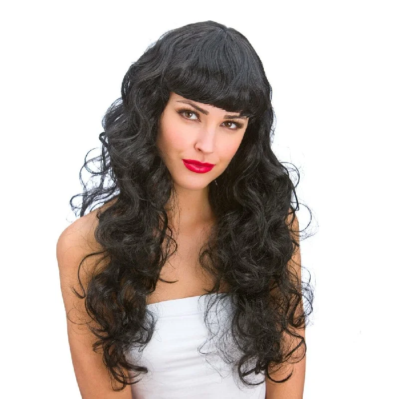 Wig for lively flair-Womens Black Foxy Long Curly Wig Halloween Party Accessory