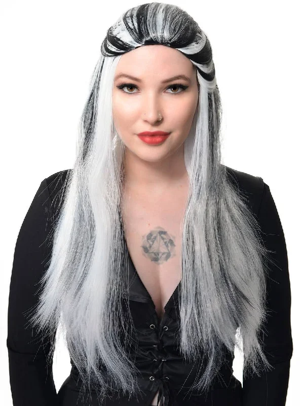 Long wig with dramatic waves-Long White Womens Costume Wig With Black Streaks