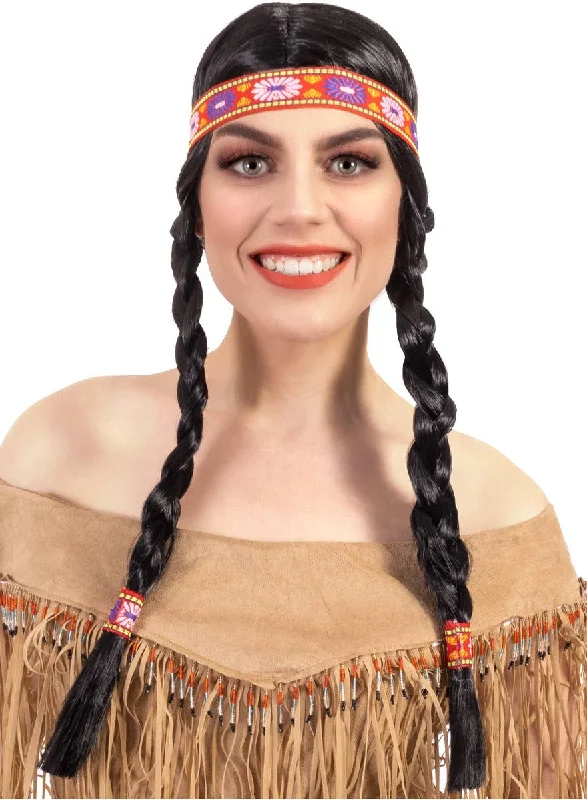 Synthetic wig for party vibe-Native American Womens Black Costume Wig with Plaits