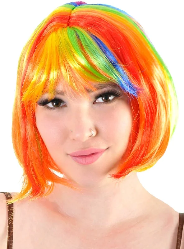 Wig cream for styling-Short Rainbow Streaked Womens Bob Costume Wig