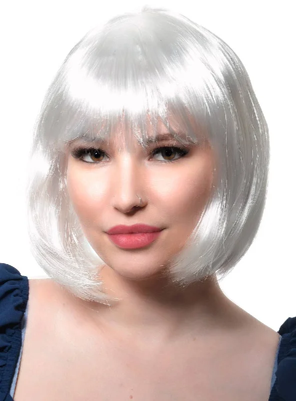 Pre-curled wig with shine-Short White Womens Bob Costume Wig with Fringe