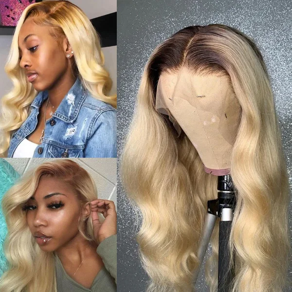 real person hair ring translucent ring-Ombre Blonde Hair With Brown Root Straight Hair #4/613 Colored 13x4 Human Hair Lace Front Wigs Pre Plucked Natural Hairline