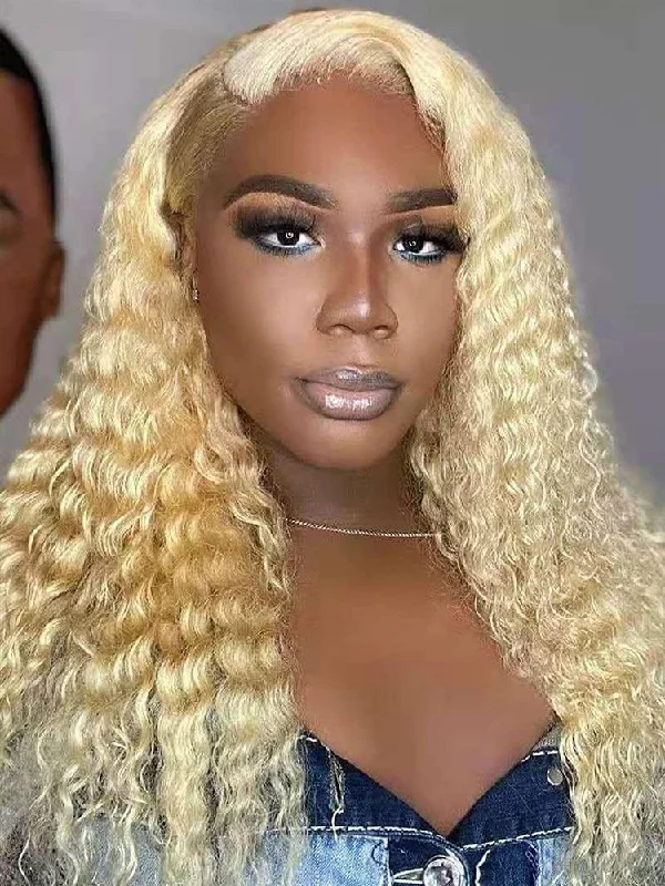 real person hair ring chained ring-CurlyMe 613 Blonde Kinky Curly Human Hair Wigs 13x4 Lace Front Wigs