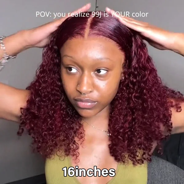 real person hair ring limestone ring-99J Burgundy Color Kinky Curly Human Virgin Hair Undectedable 13x4 4X4 Lace Front Wigs