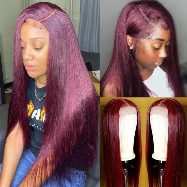 real person hair ring geometric ring-99J Burgundy Color 13x4 4x4 Lace Front & Closure Wig Straight Pre Plucked Human Hair Wigs for Women