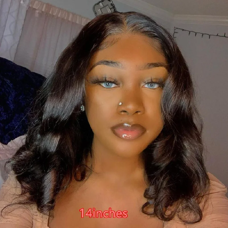 real person hair ring rosewood band-Bob Wigs Thick Body Wave Human Hair 4x4 13x4 13x6 Lace Frontal Wigs Natural Black