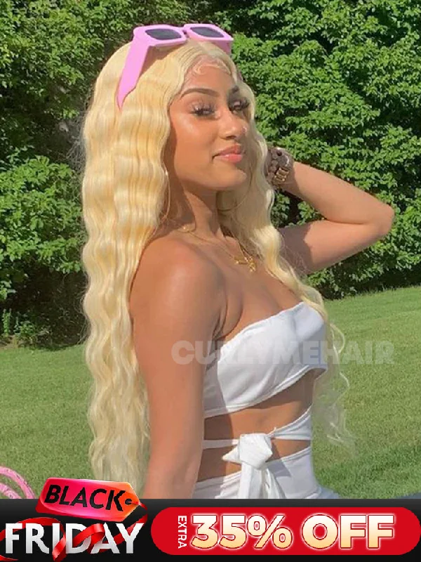 real person hair ring sandstone craft-CurlyMe 613 Blonde Human Hair Wig Body Wave Lace Front Wigs Pre Plucked