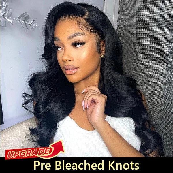 real person hair ring pebbled ring-Body Wave Pre Bleached Knots Lace Front Wigs Natural Black Human Hair Wigs With Baby Hair