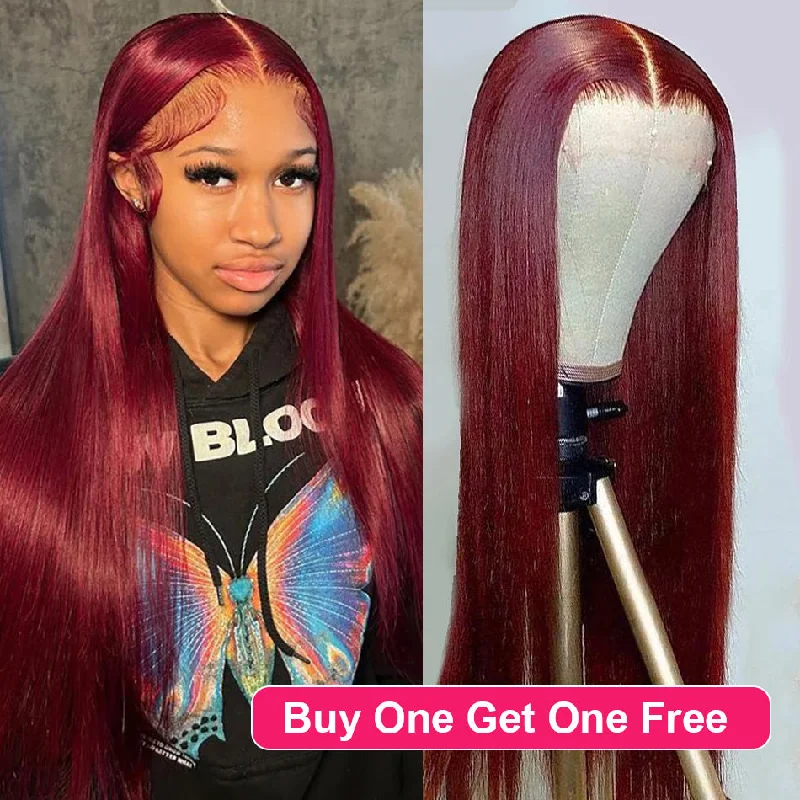 real person hair ring textured craft-BOGO DEAL ! Hot Star Burgundy 99j Colored HD Transaprent 13x6 Lace Front Wig 6x4 Lace Glueless Ready Go Human Hair Wigs