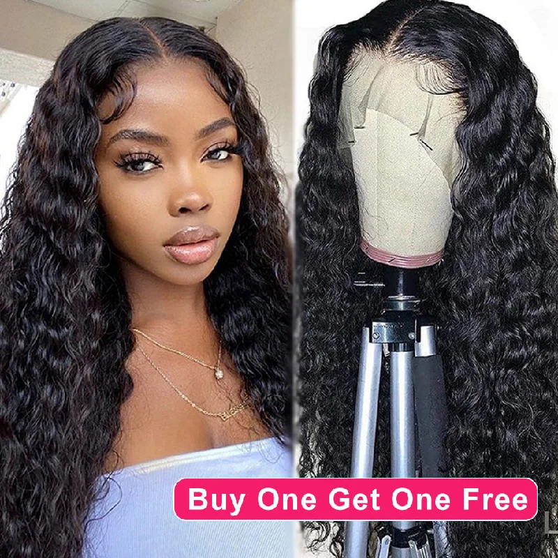 real person hair ring curved band-BOGO DEAL ! Hot Star 180% Density HD Transparent 5x5 13x6 Lace Front Closure Water Wave Human Hair Wigs