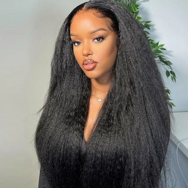 real person hair ring mid-century-Kinky Straight Wig Preplucked 13x4 HD Lace Front Wigs Natural Black Brazilian Virgin Human Hair