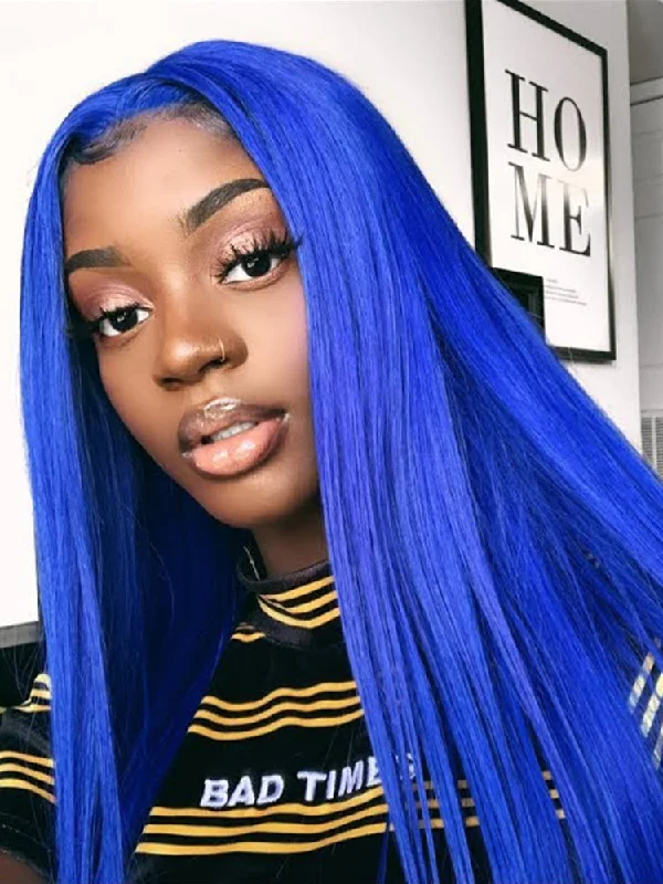 CurlyMe Gemstone Blue Colour Hair Lace Front Wigs Pre Plucked Straight Human Hair