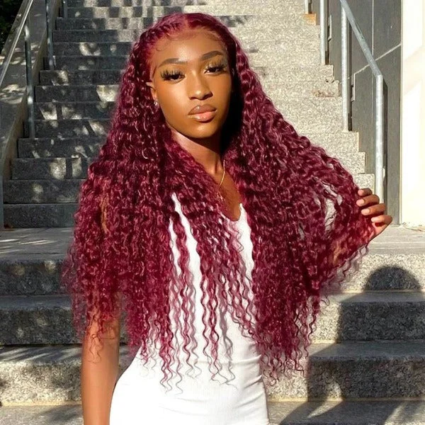 real person hair ring smooth band-Burgundy 99J Color Deep Wave Lace Frontal and Closure Wig Pre Plucked Human Hair Wig On Sale