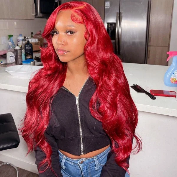 real person hair ring glow-in-dark-Cherry Red Color Lace Front & Closure Wig Pre-Colored Human Hair Wigs With Pre-Plucked Hairline