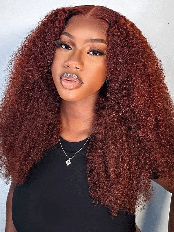 real person hair ring marbled craft-CurlyMe Reddish Brown Color Kinky Curly Lace Front Wigs Human Hair Pre Plucked