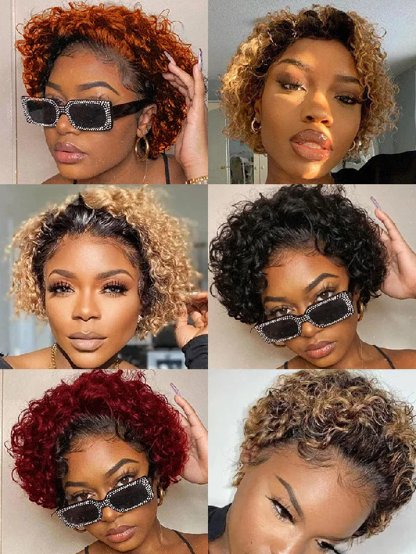 real person hair ring clay craft-CurlyMe Summer Hairstyle Short Pixie Curly Color Wig Human Hair Lace Wigs