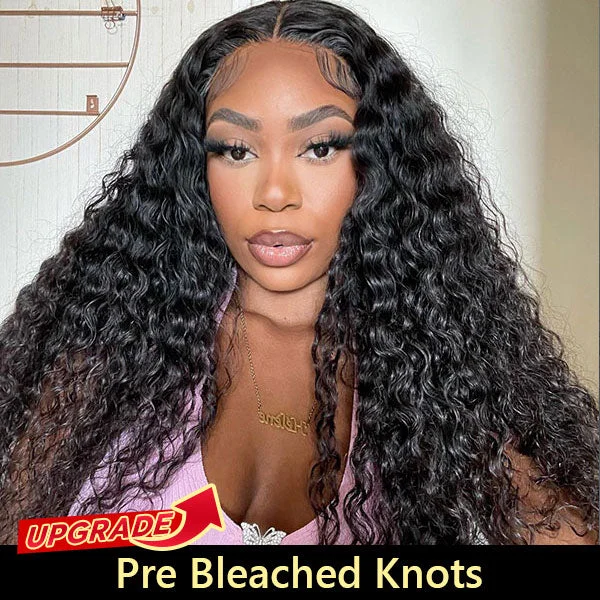 real person hair ring coarse craft-Deep Wave Pre Bleached Hair Knots Deep Curly Human Hair Lace Front Wigs On Sale