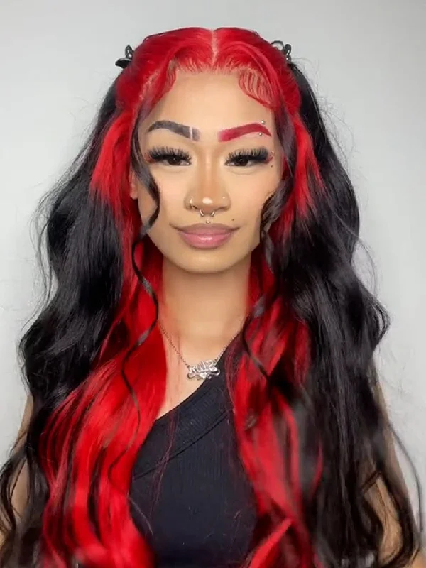 real person hair ring twisted ring-CurlyMe Natural Black Hair With Demon Red Top Lace Front Wigs Straight Human Hair