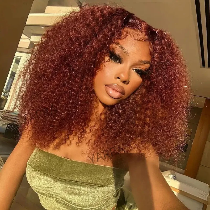 real person hair ring oval band-Hot Star 180% Density 13x6 HD Transparent Lace Front 6x4 Glueless Curly Human Hair Wigs 33# Auburn Reddish Brown Colored Wigs