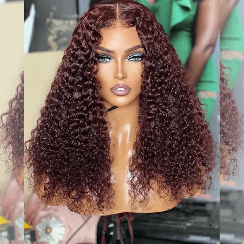 real person hair ring twisted ring-Hot Star Hairstylist Works HD Transparent 13x6 Lace Front Wig 4x6 Glueless Curly Ready To Wear Human Hair Wigs 99j Wine Red Colored Wigs