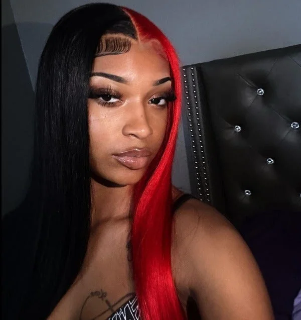 real person hair ring tasseled band-Straight Half Red and Half Black Color Wigs Preplucked Human Hair Lace Front Wigs Natural Hairline 【Customized Color】