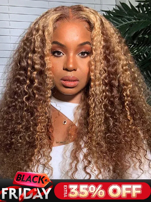 real person hair ring frosted band-CurlyMe Highlights Ombre Human Hair Wigs Kinky Curly Transparent Lace Wigs Pre plucked