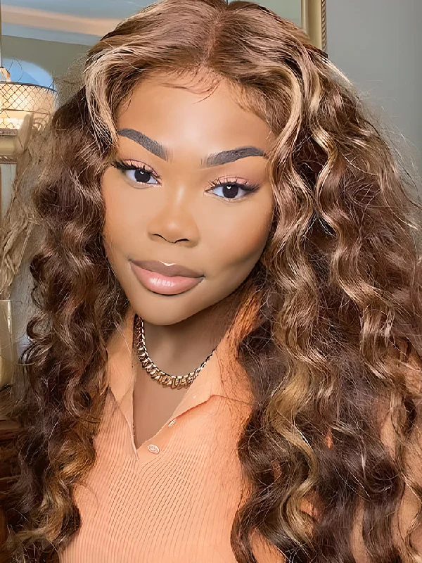 real person hair ring sewn craft-CurlyMe Highlights Ombre Loose Deep Wave Lace Wig Human Hair