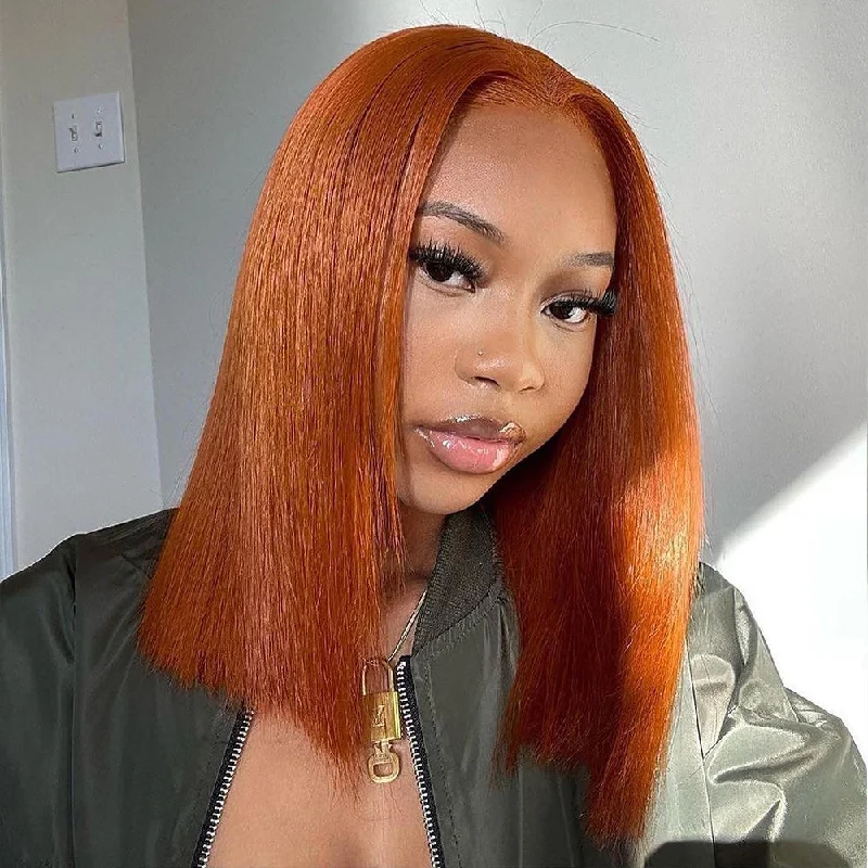 real person hair ring sci-fi craft-Hot Star 180% Dark Ginger Orange Colored Bob 13x6 Lace Front Wig 6x4 Glueless Ready Go Human Hair Wigs