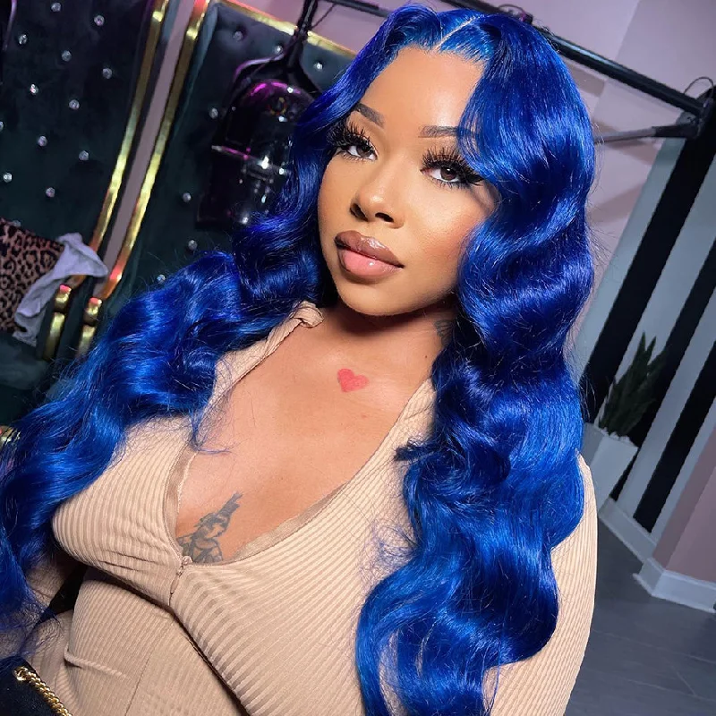 real person hair ring rough finish-Hot Star 210% Density Klein Blue Colored 13x4 13x6 HD Transparent Lace Front Human Hair Wigs