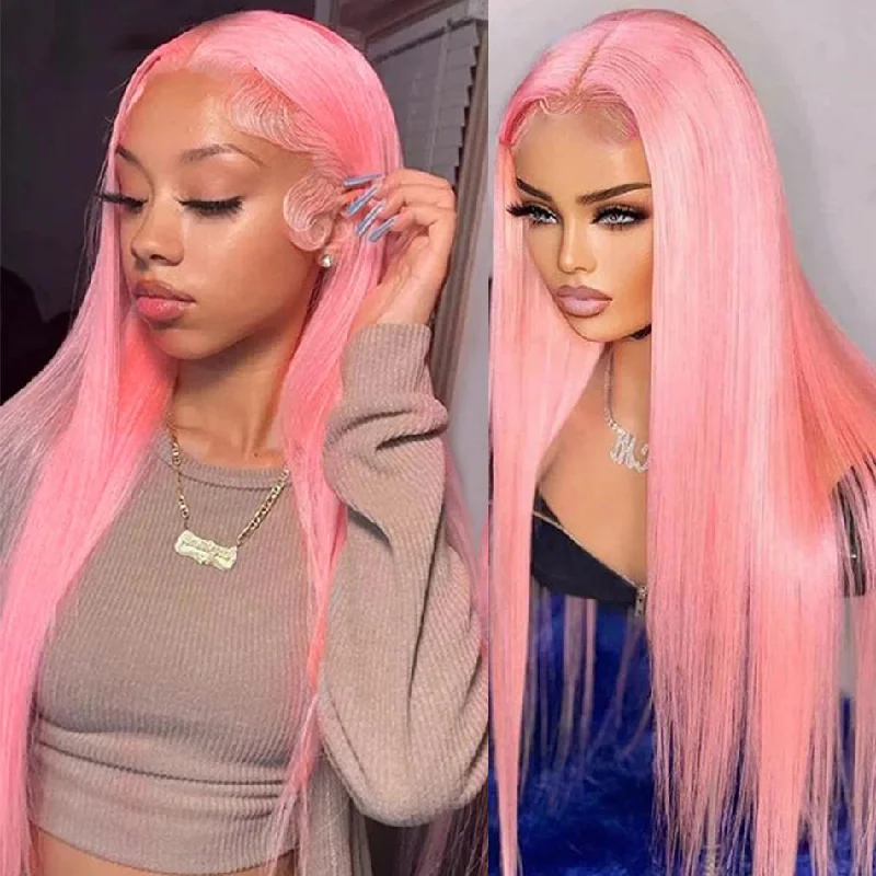 real person hair ring space age-Hot Star 210% Density Customized Colored Pink Wigs Human Hair Pre Plucked HD Transparent 13x4 13x6 Brazilian Straight Lace Front Wigs