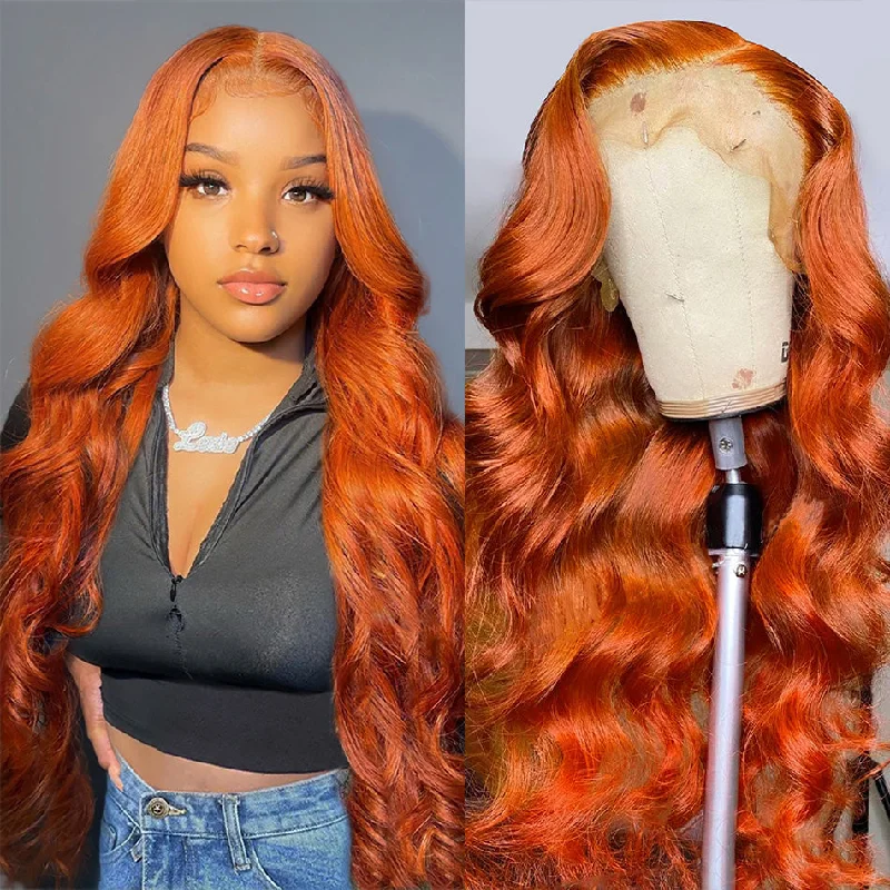 real person hair ring throwback craft-Hot Star Ginger Orange Colored 5x5 13x6 Lace Front Closure Wig 6x4 Glueless Ready To Wear Human Hair Wig