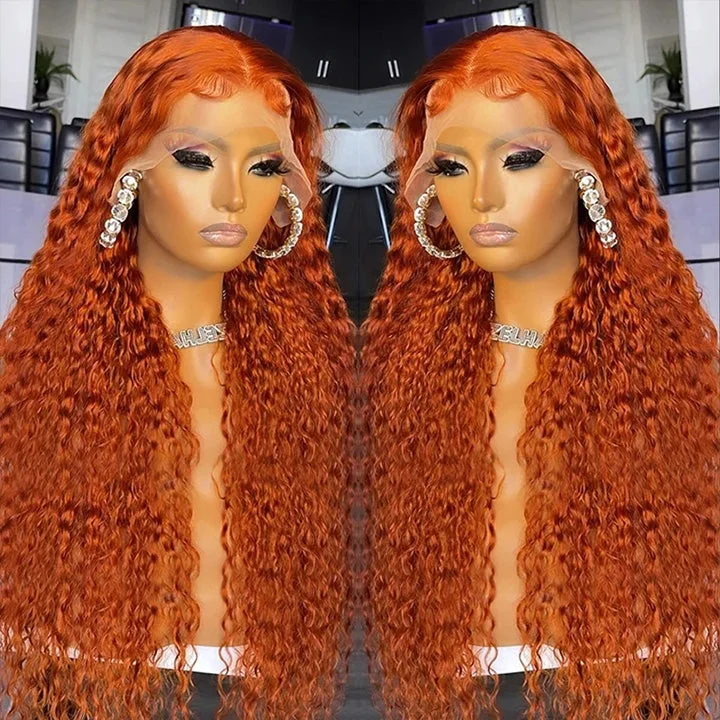 real person hair ring resin art-Hot Star 180% Density Ginger Orange Colored 5x5 13x6 Lace Front Closure Wig 6x4 Ready To Go Water Wave Human Hair Wig