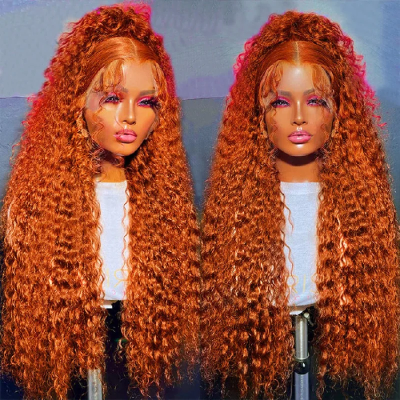 real person hair ring wavy craft-Hot Star 180% Density Ginger Orange Colored HD Transparent 5x5 13x6 Lace Closure Front Wig 6x4 Glueless Ready To Go Deep Wave Human Hair Wig