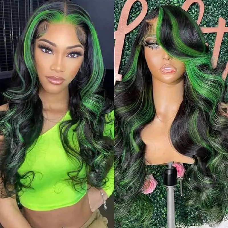 real person hair ring stippled craft-Hot Star 180% Density Highlight Black With Green 5x5 13x6 Lace Closure Front Wig 6x4 Glueless Ready To Go Human Hair Wigs Body Wave