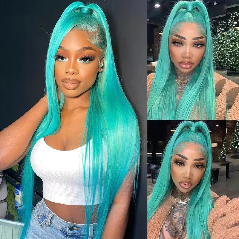 real person hair ring quartzite band-Hot Star 210% Density Customized Mint Blue Colored HD Transparent 13x4 13x6 Lace Front Human Hair Wig Brazilian Straight Hair