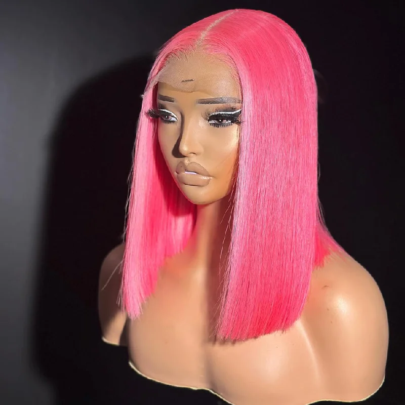 real person hair ring embroidered band-Hot Star 210% Density Pink Colored Short Bob HD Transparent Lace Front 13x4 13x6 Straight Human Hair Wigs