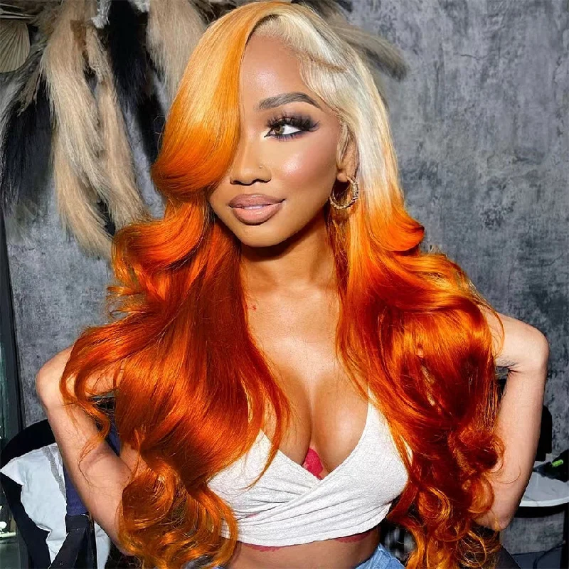 real person hair ring stitched ring-Hot Star 210% Density Ombre Blonde Orange Colored 13x4 13x6 Lace Front Human Hair Wigs Body Wave