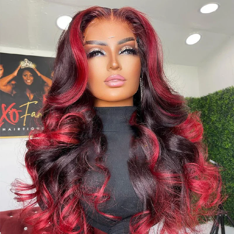 real person hair ring iridescent glass-Hot Star Ombre Red With Black Colored 5x5 13x6 Lace Front Closure Wig 4x6 Glueless Ready To Go Human Hair Wigs Body Wave