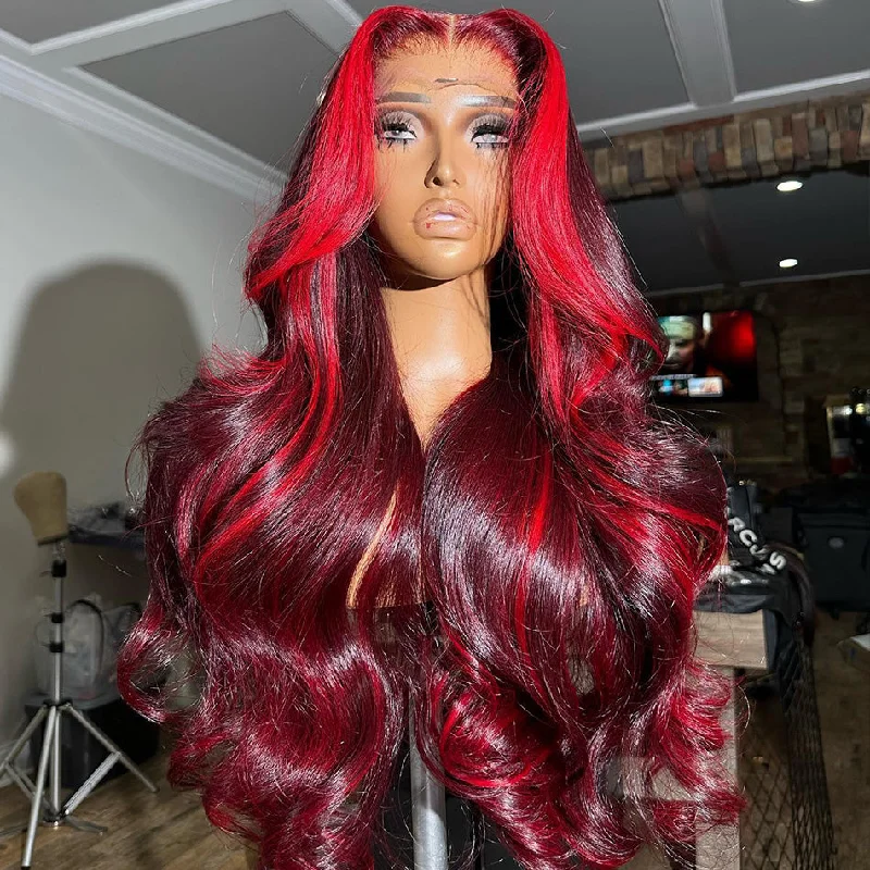 real person hair ring iolite stone-Hot Star Highlight Burgundy With Red Colored 5x5 13x6 Lace Front Closure Wig 6x4 Glueless Ready To Go Human Hair Wigs