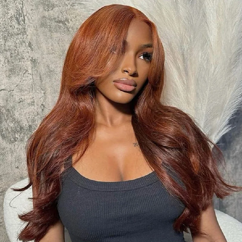 real person hair ring glowing detail-Hot Star Dark Reddish Brown Colored Curtain Bangs 5x5 13x6 Lace Front Closure 4x6 Glueless Ready To Wear Human Hair Wigs